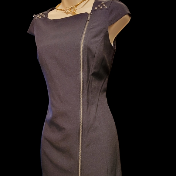 NWOT Suzy Shier S Dress Mini Black with Diagonal Zipper and Studs on Shoulders - Picture 3 of 14